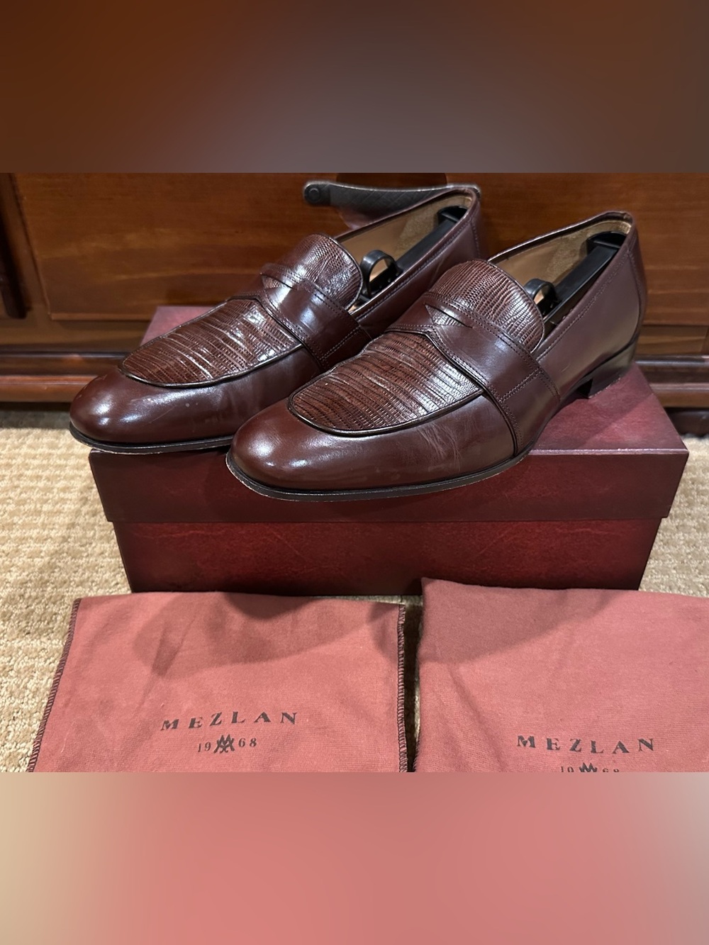 Mezlan Brown Leather/Genuine Lizard Penny Loafers 11M
